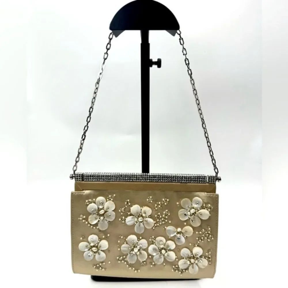 Auth Valentino Silk Floral Embroidered Crystal Framed Clutch Chain Evening Bag